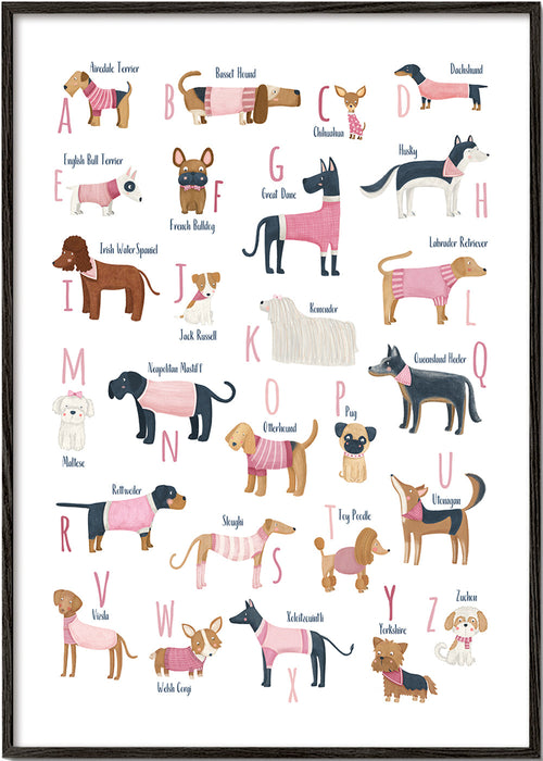 Kinderposter: hondenalfabet in roze