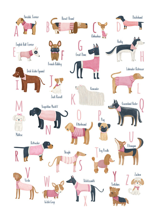 Kinderposter: hondenalfabet in roze