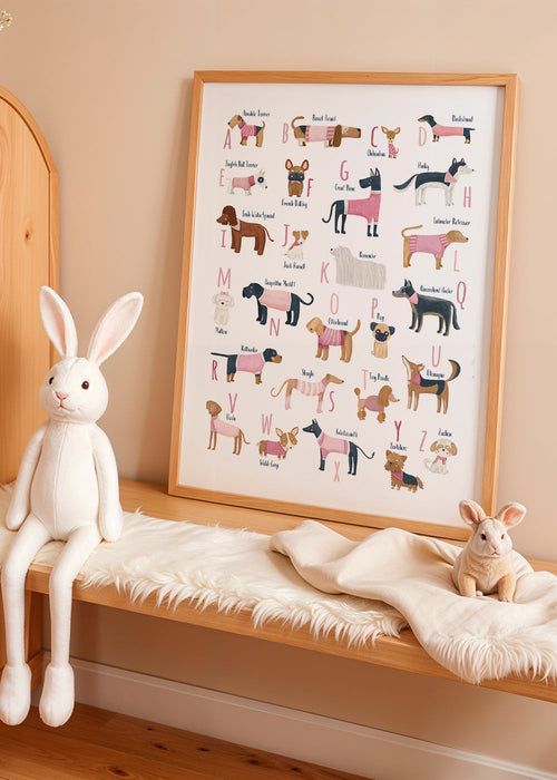 Kinderposter: hondenalfabet in roze