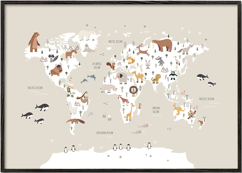 Reisposter: dierenkaart in beige tinten