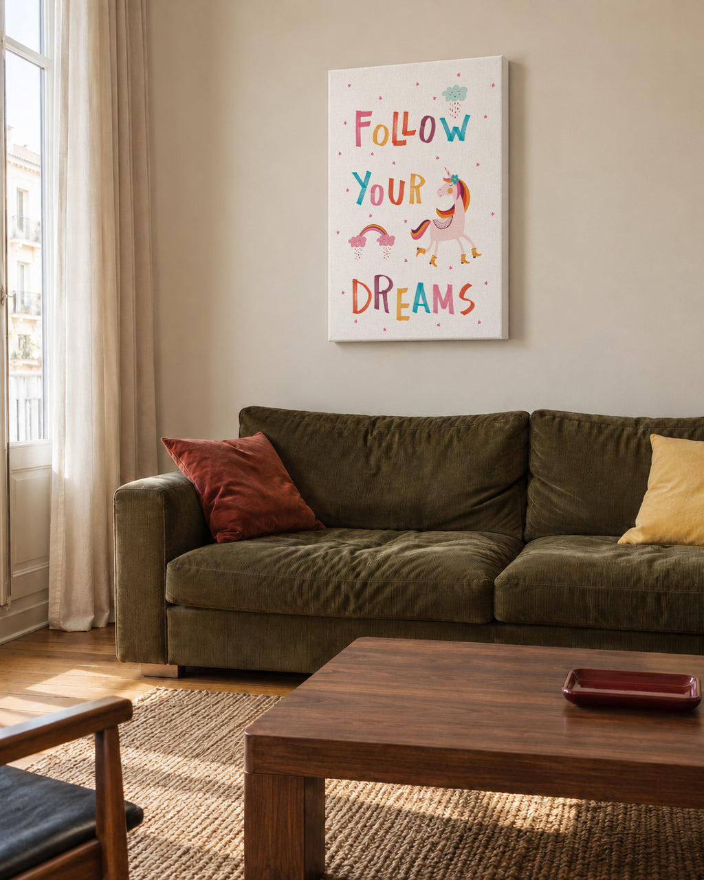 Follow your dreams quote - Unframed canvas in an interior