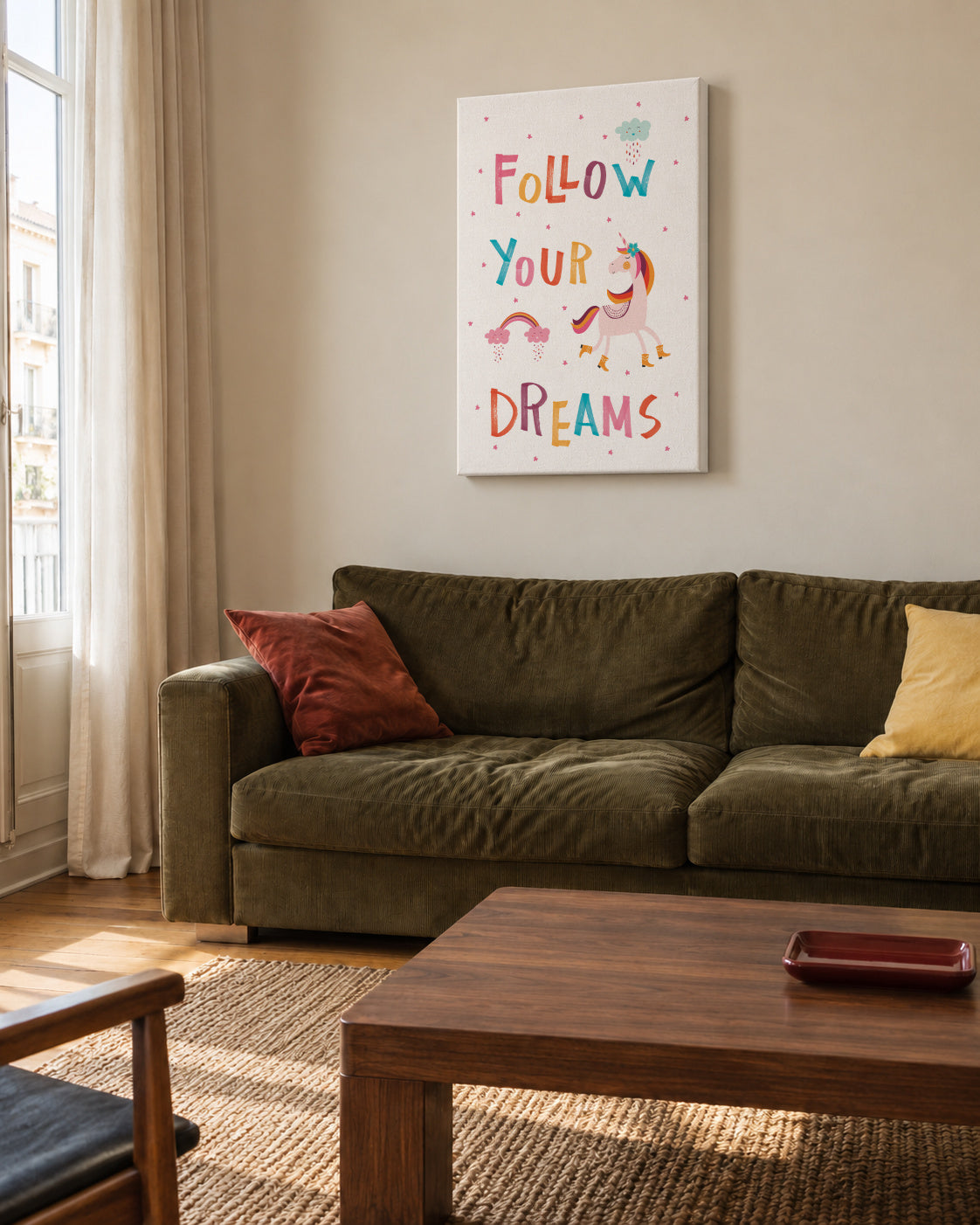 Follow your dreams quote - Unframed canvas in an interior