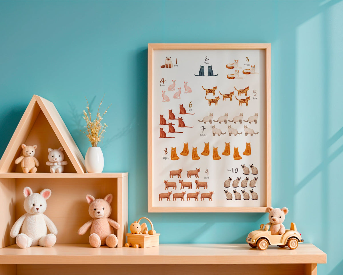 Affiche enfantale con nombres y chats dessinés