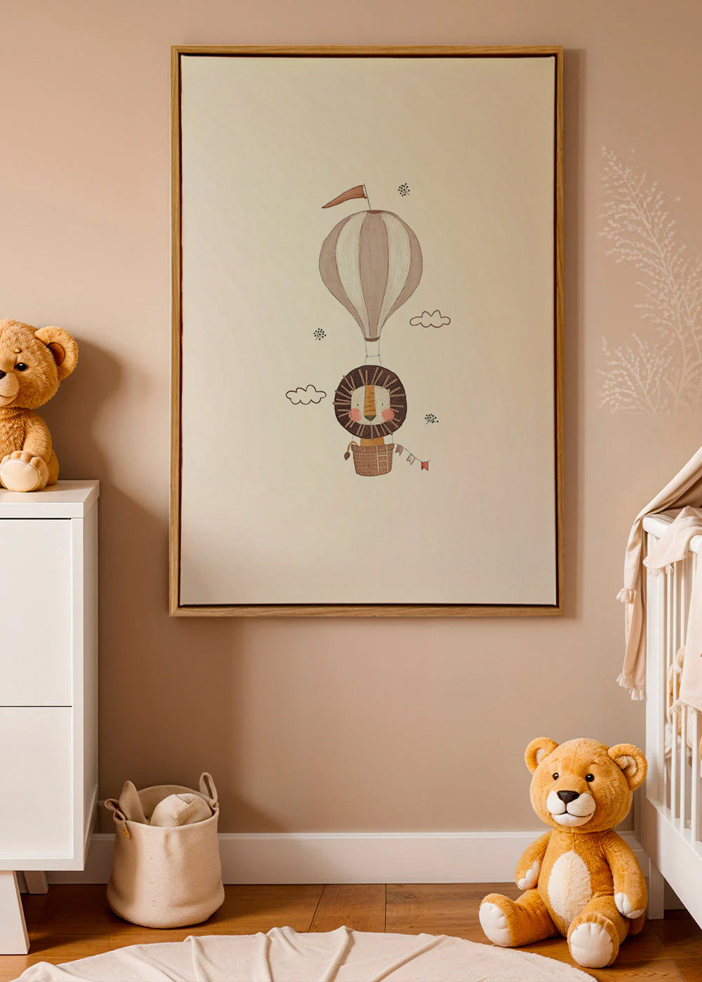 Kinderposter: leeuw in luchtballon