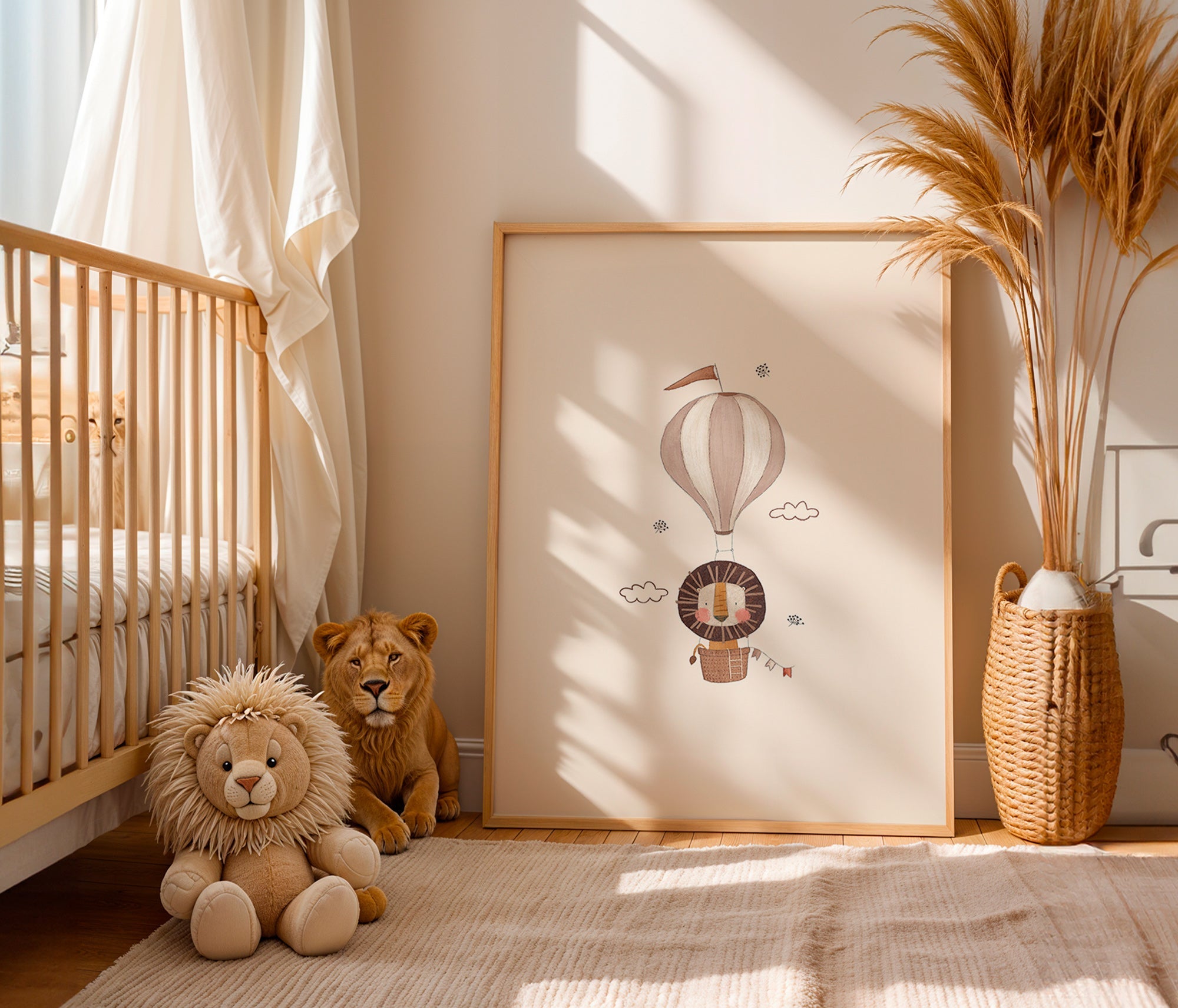 Kinderposter: leeuw in luchtballon