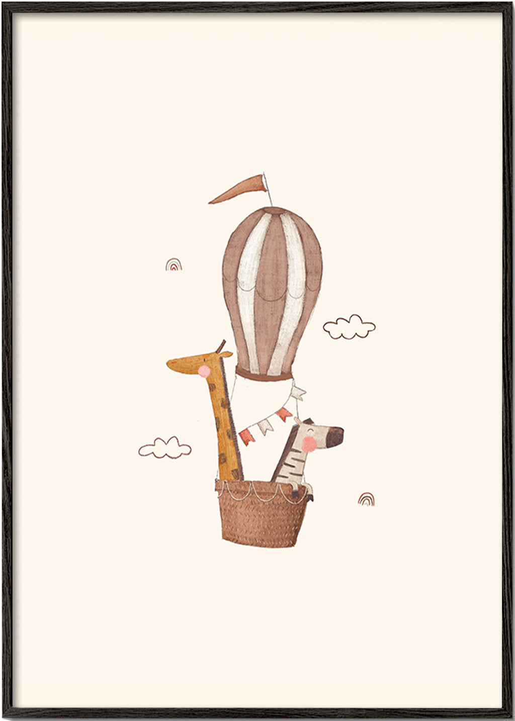 Kinderposter: giraffe en olifant in luchtballon