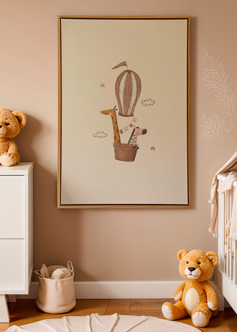 Kinderposter: giraffe en olifant in luchtballon