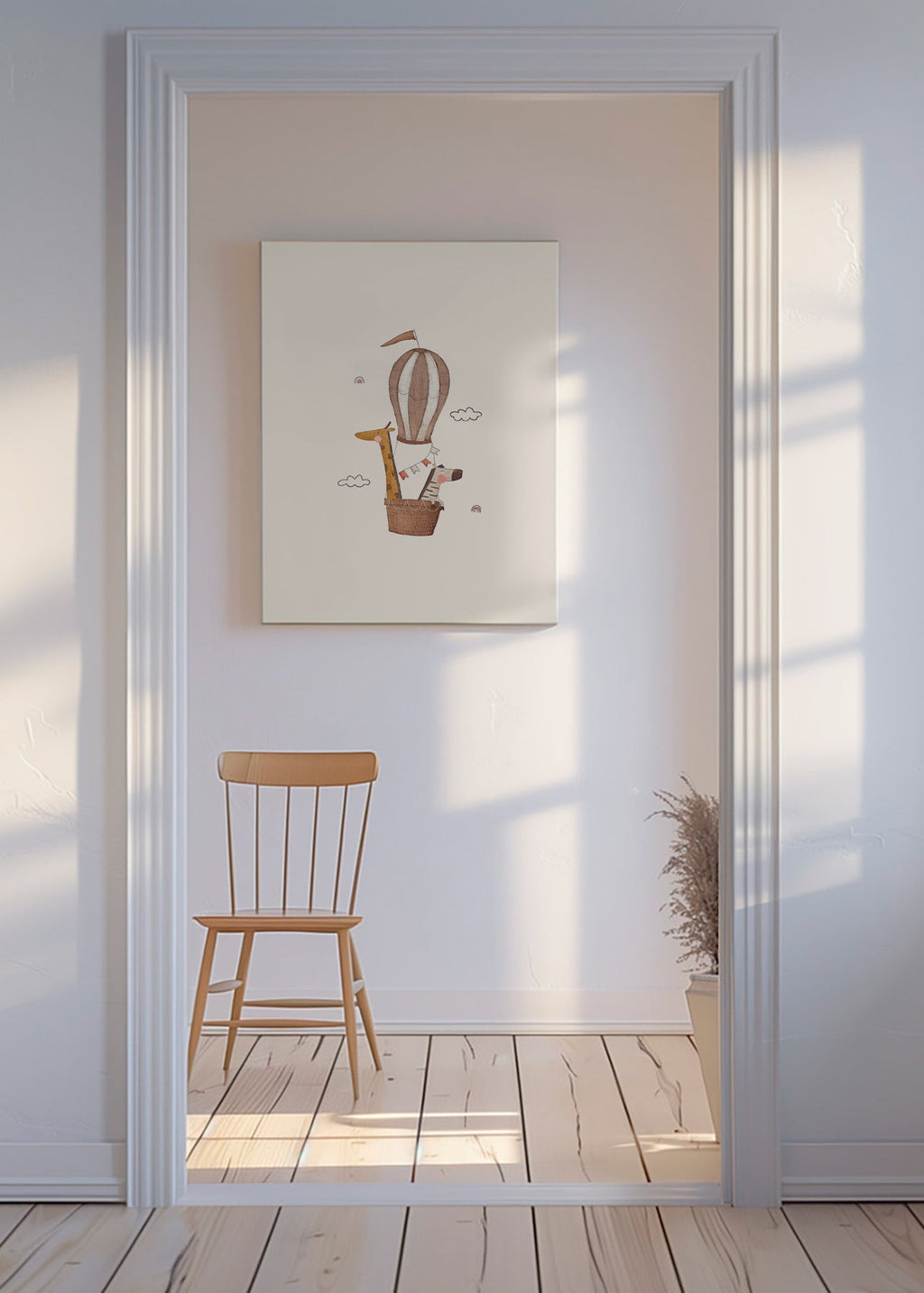 Kinderposter: giraffe en olifant in luchtballon