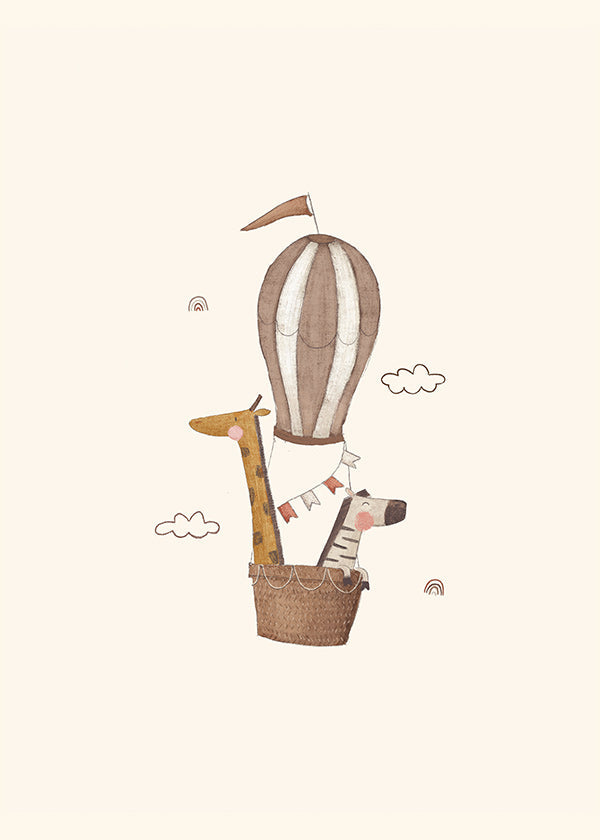 Kinderposter: giraffe en olifant in luchtballon