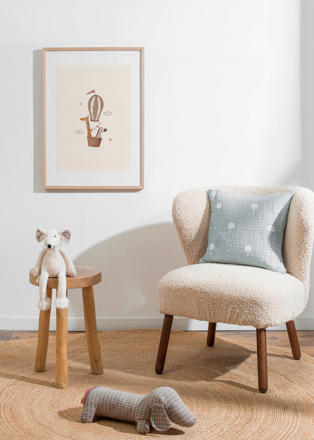 Kinderposter: giraffe en olifant in luchtballon