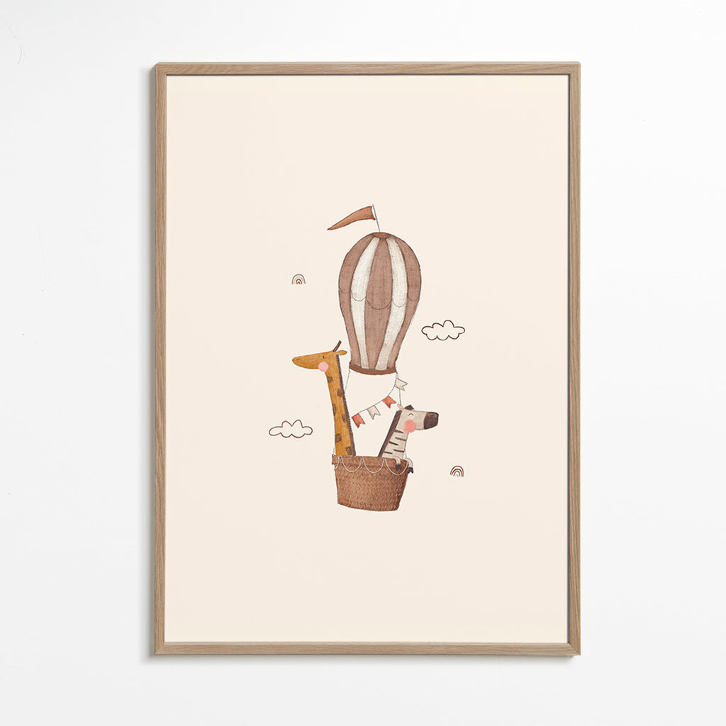 Kinderposter: giraffe en olifant in luchtballon