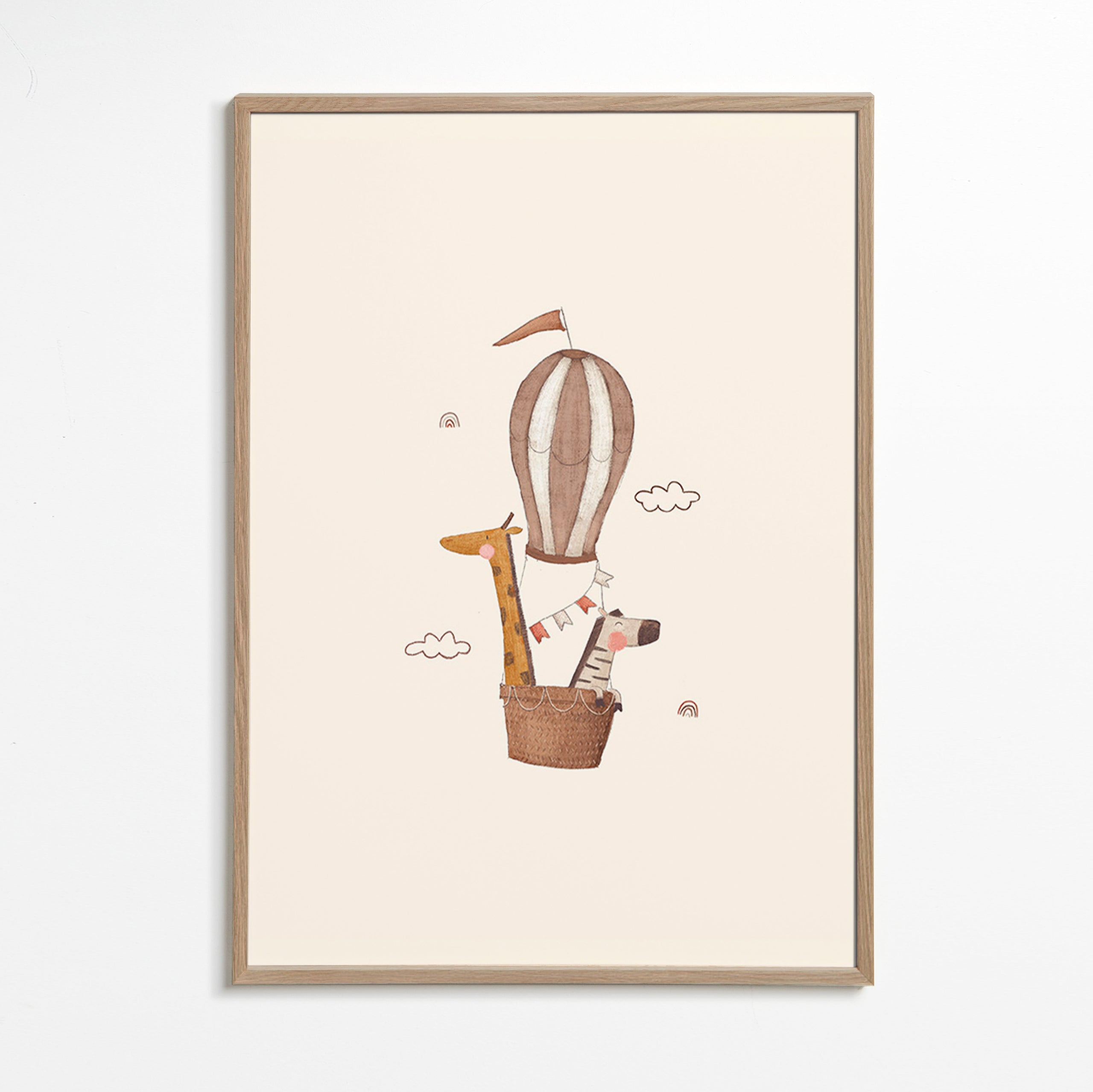 Kinderposter: giraffe en olifant in luchtballon