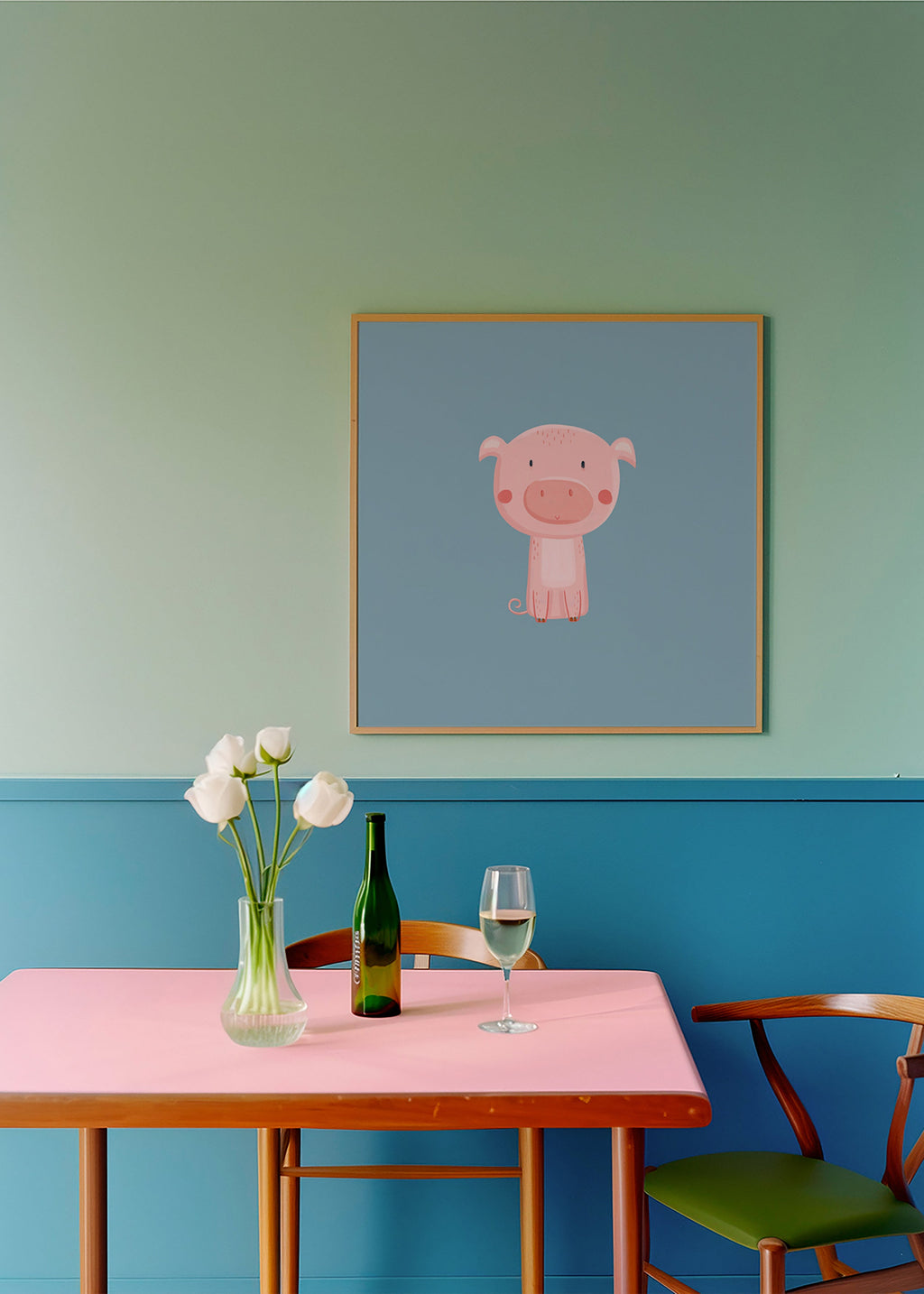 Kinderbild mit rosa Schwein in der Mitte