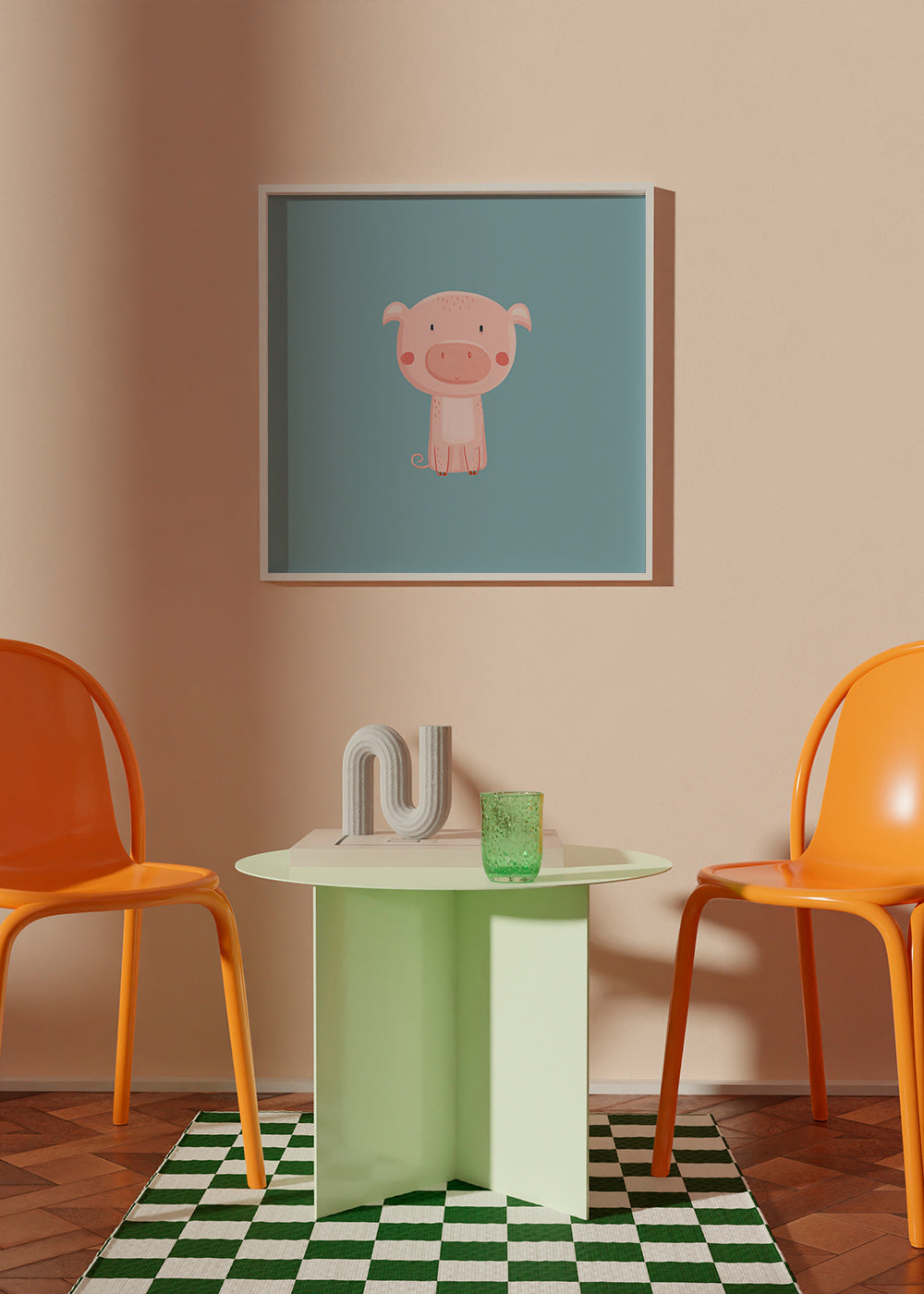 Kinderbild mit rosa Schwein in der Mitte