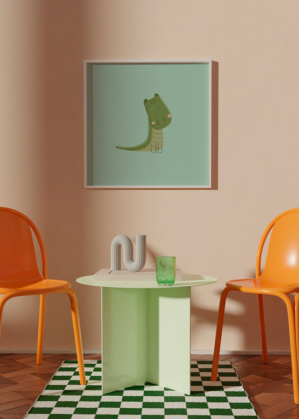 Affiche enfant crocodile souriant sur fond menthe