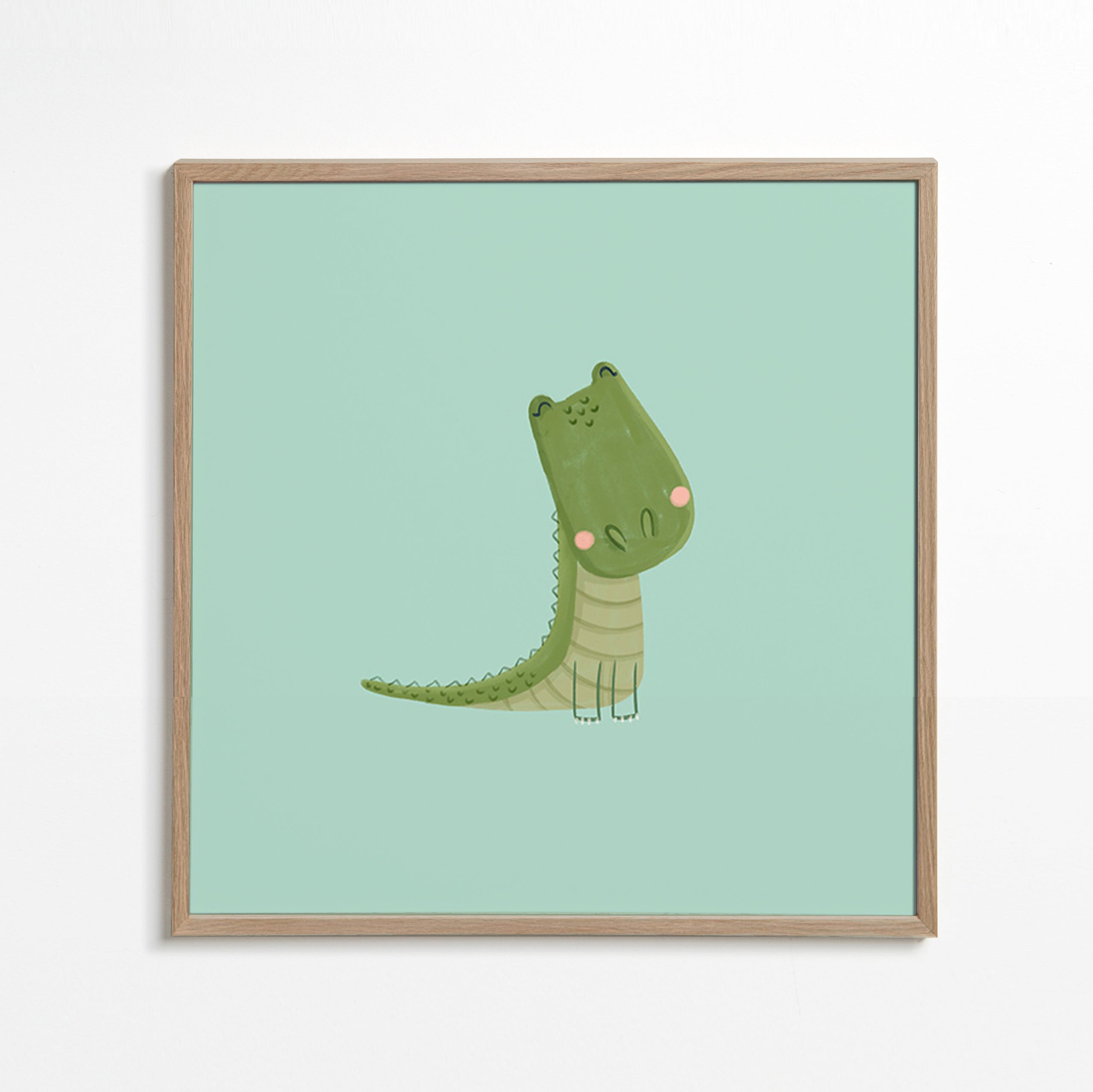 Affiche enfant crocodile souriant sur fond menthe