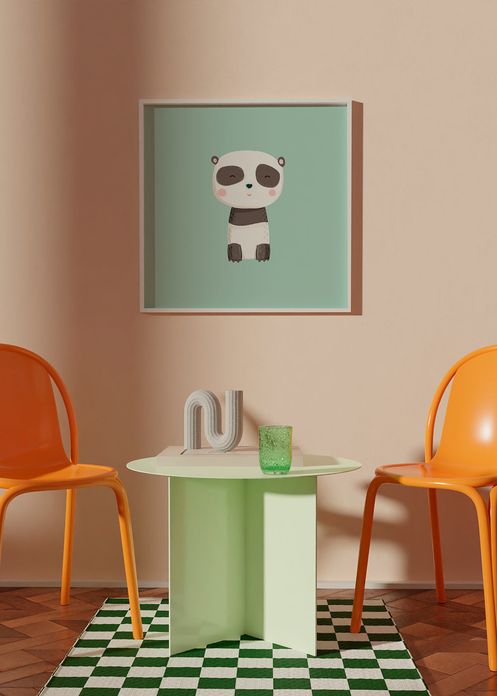 Kinderposter met lachende panda op mintgroene achtergrond