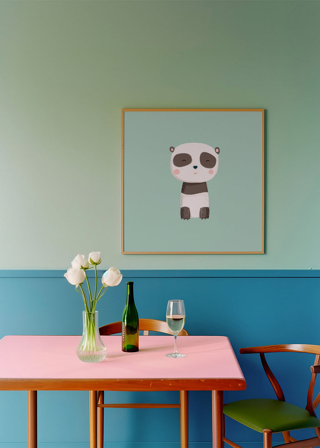 Kinderposter met lachende panda op mintgroene achtergrond