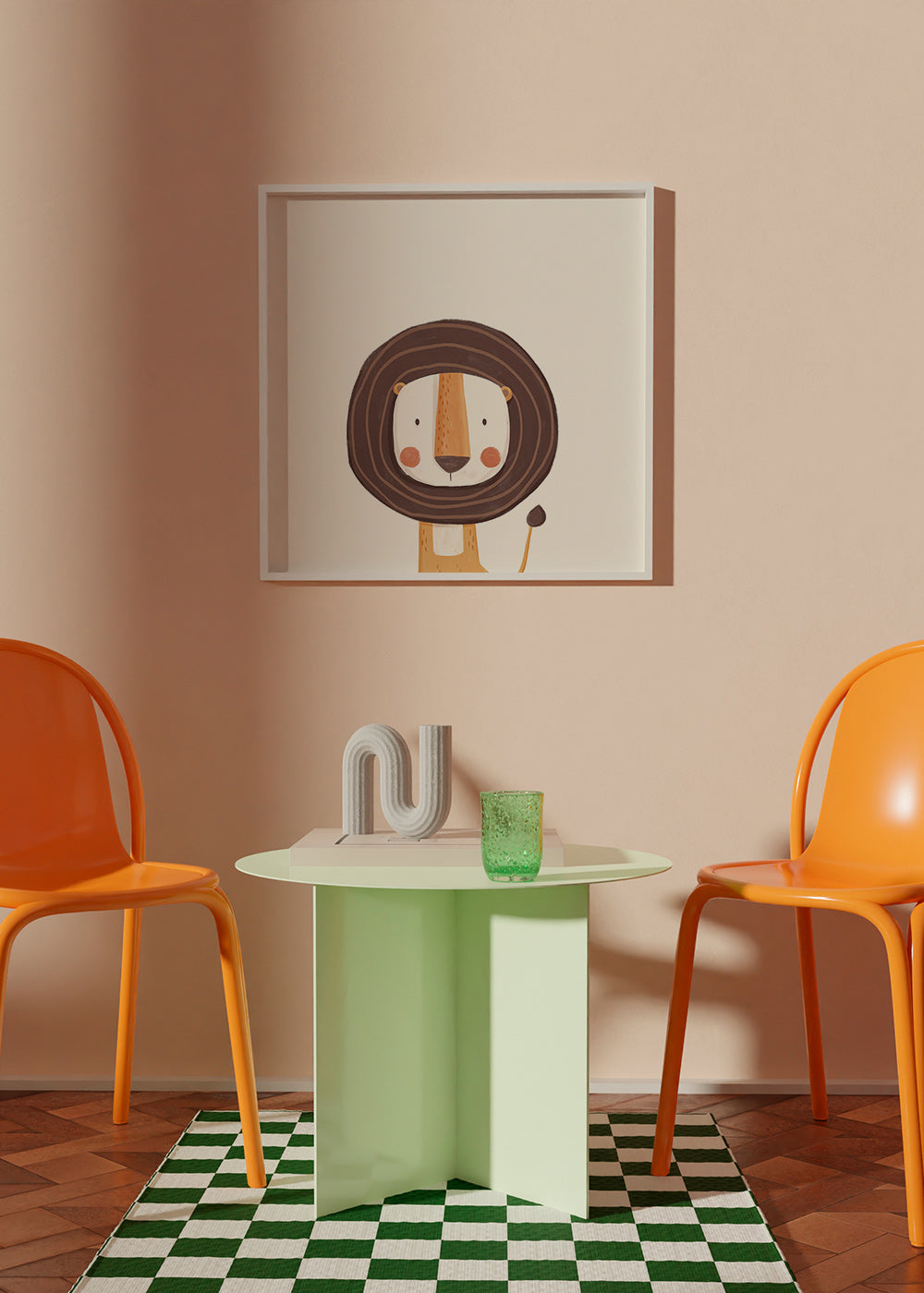 Kinderbild mit lächelndem Löwen im Minimalstil