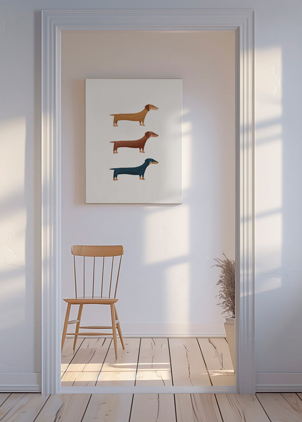Kunstwerk met teckels in minimalistische stijl