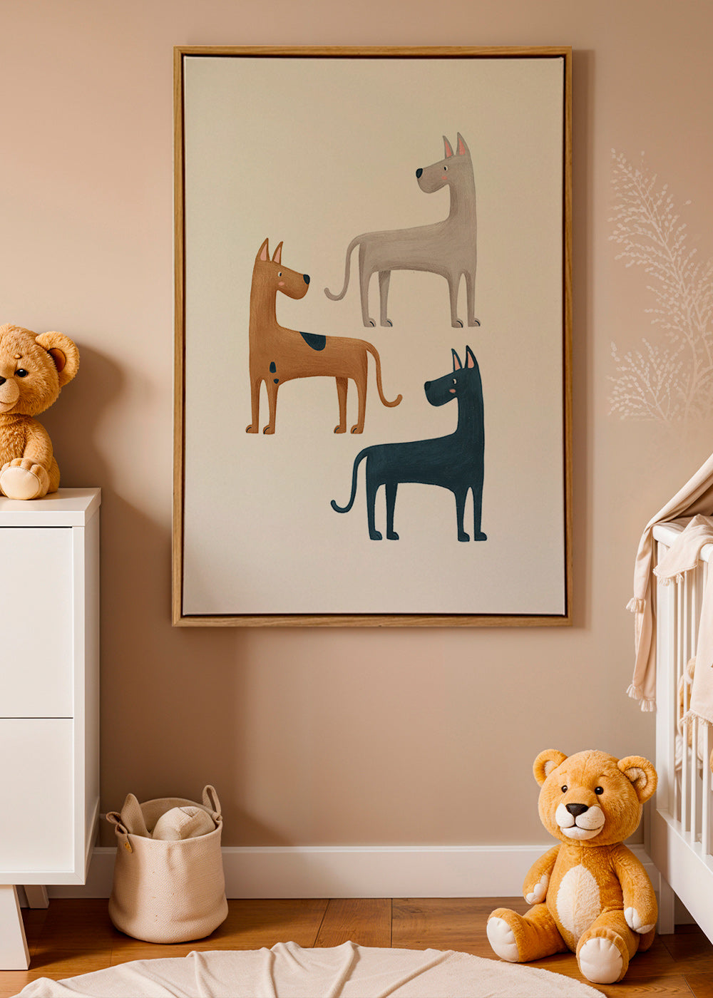 Kunstwerk met drie geïllustreerde honden