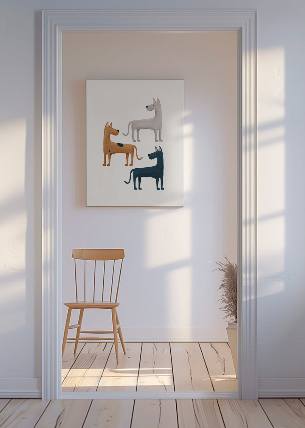 Kunstwerk met drie geïllustreerde honden