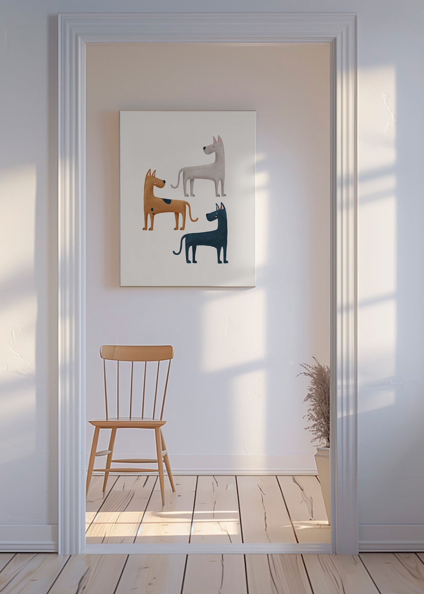 Kunstwerk met drie geïllustreerde honden