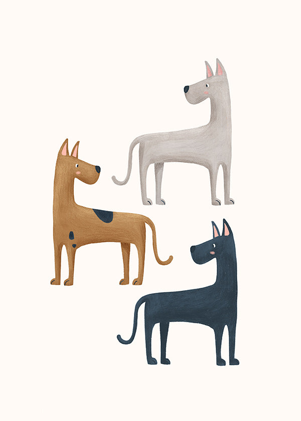 Kunstwerk met drie geïllustreerde honden