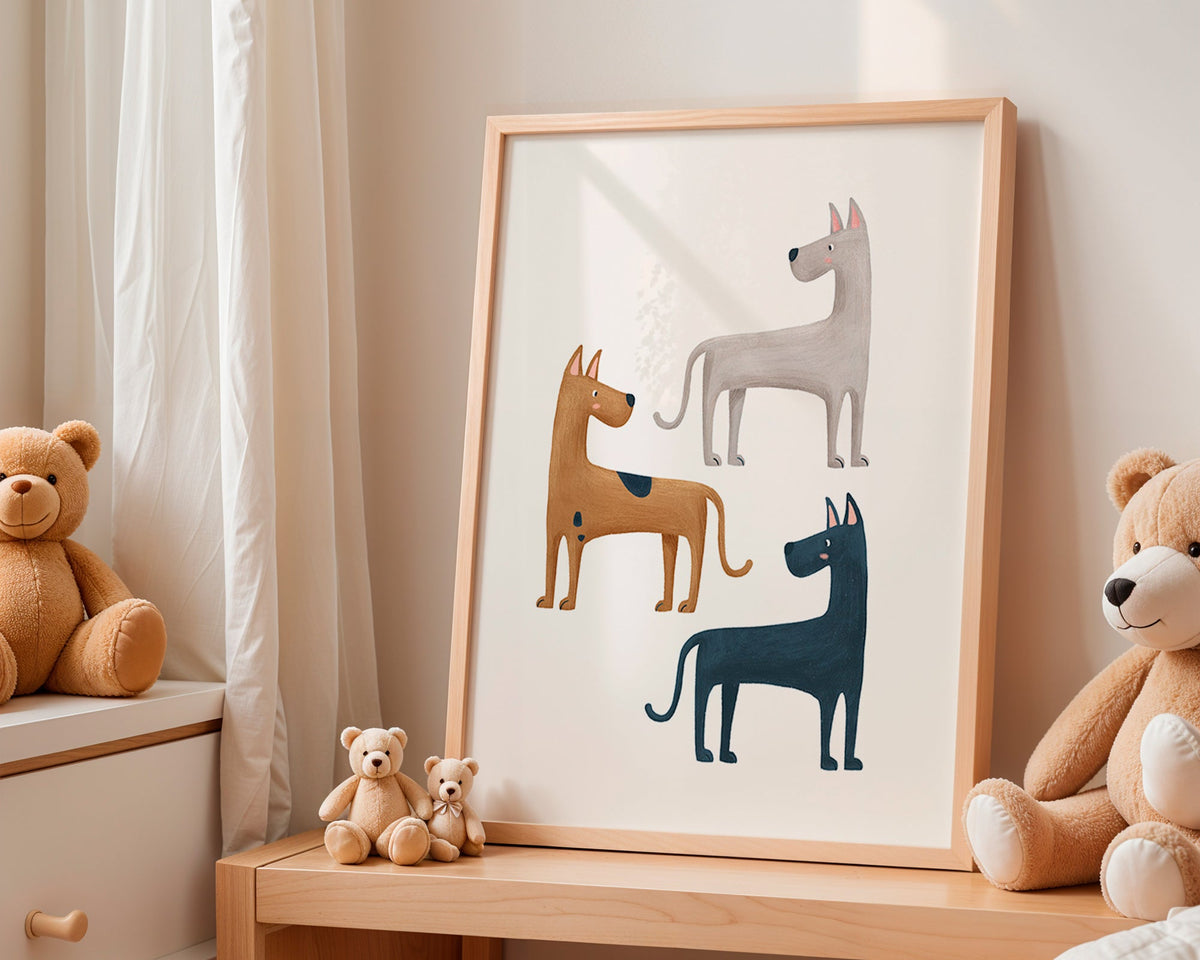 Kunstwerk met drie geïllustreerde honden