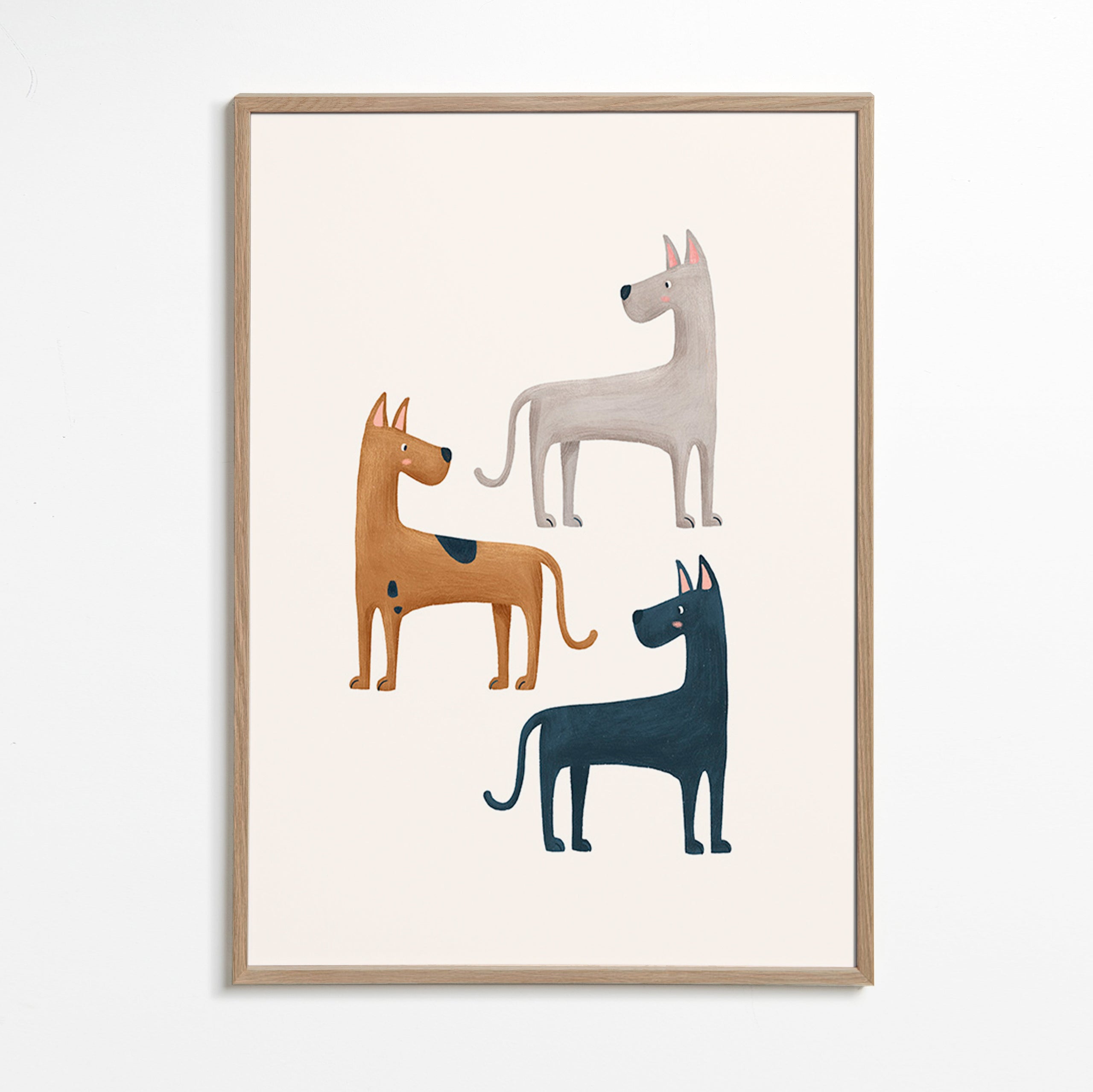 Kunstwerk met drie geïllustreerde honden