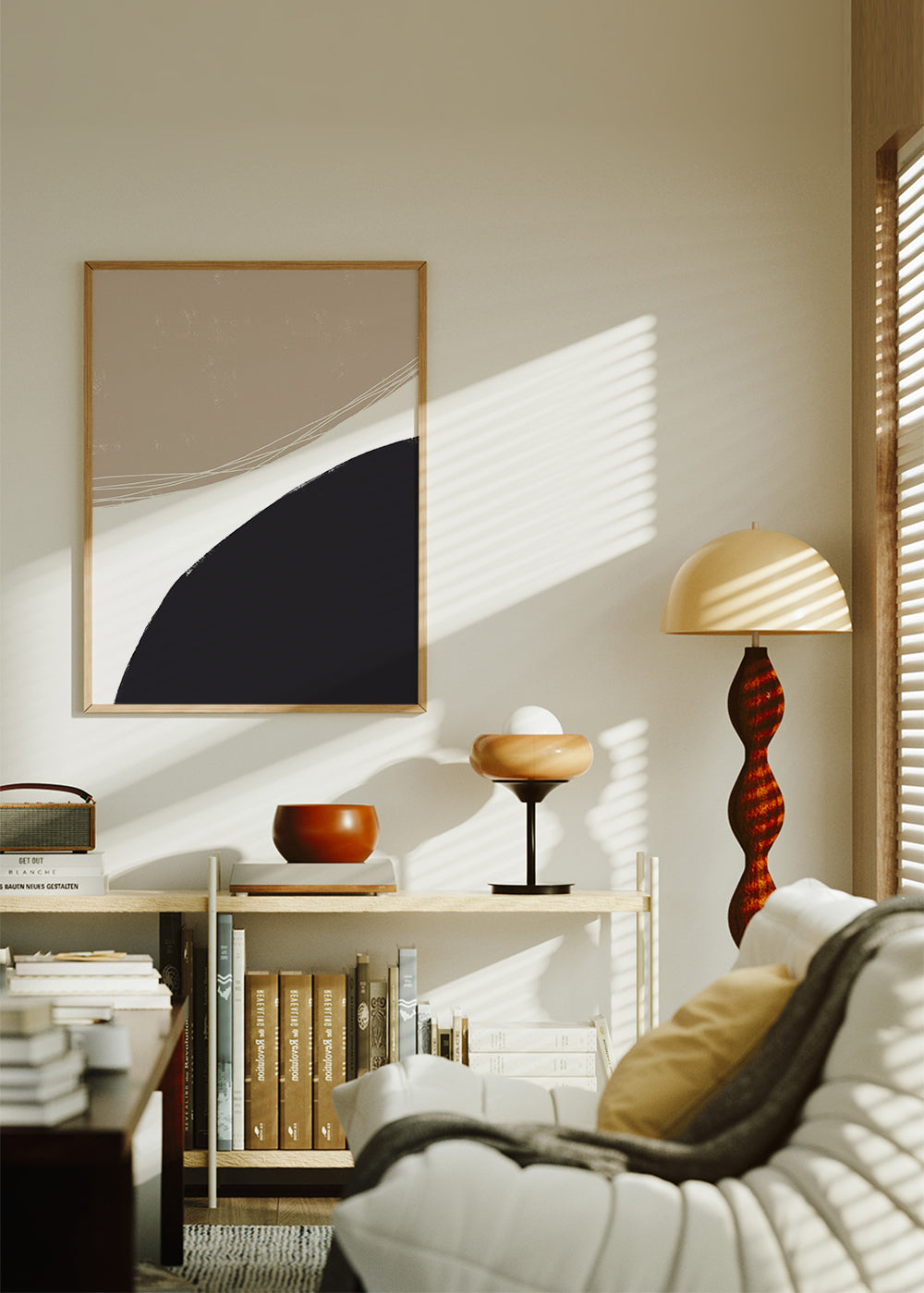 Minimalistische kunst met organische beige vormen