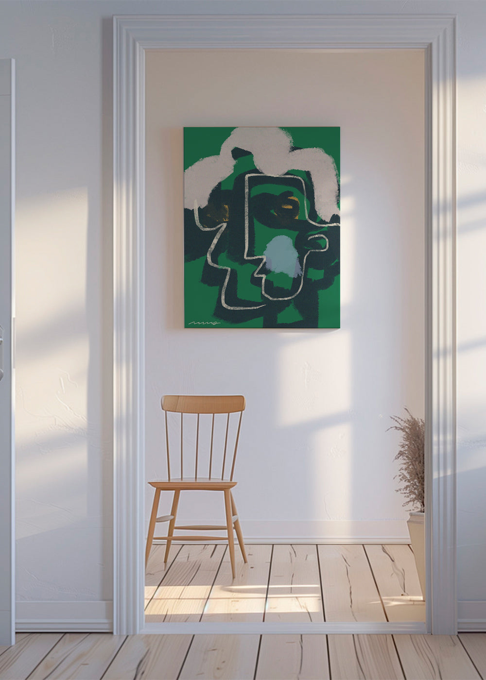 Abstract gezicht in doorlopende lijn op groen