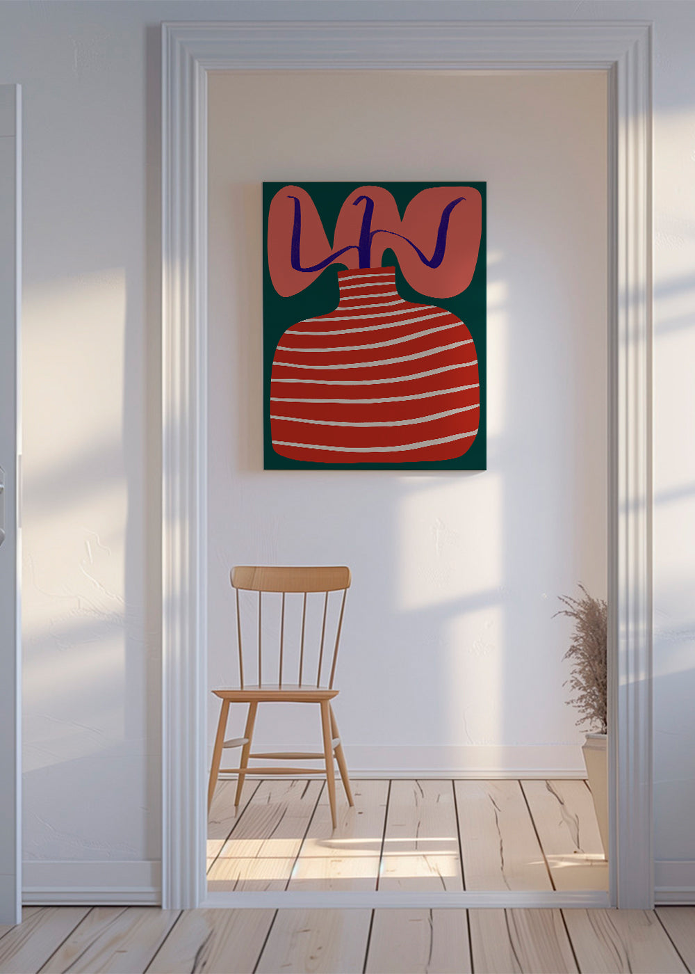 Botanische poster met gestreepte rode vaas