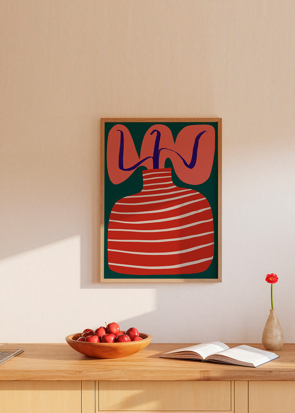 Botanische poster met gestreepte rode vaas