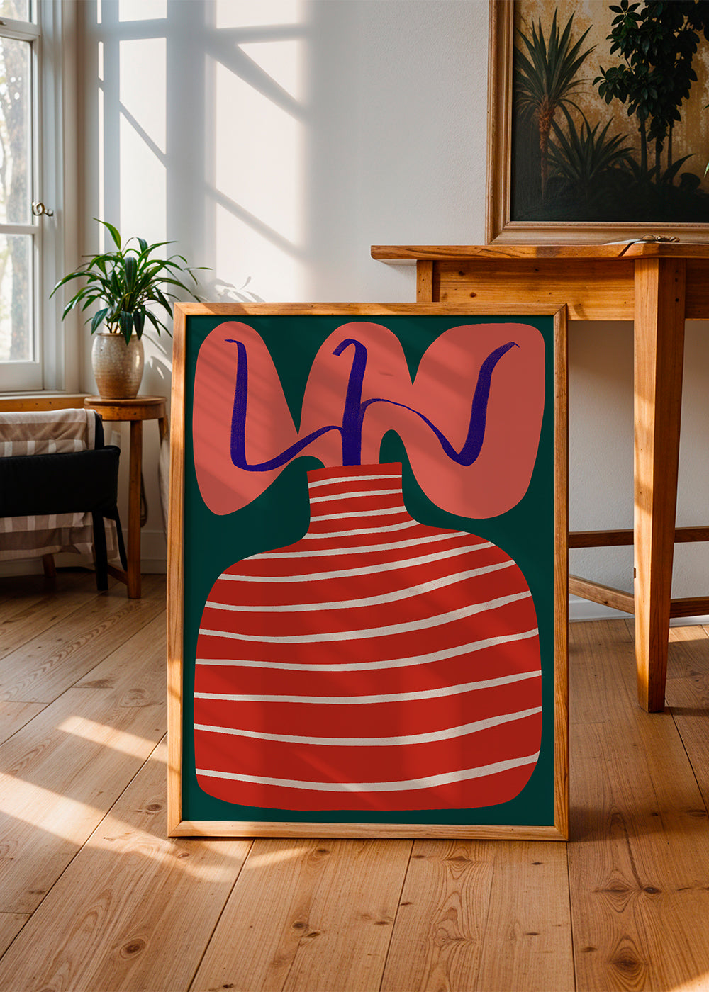 Botanische poster met gestreepte rode vaas
