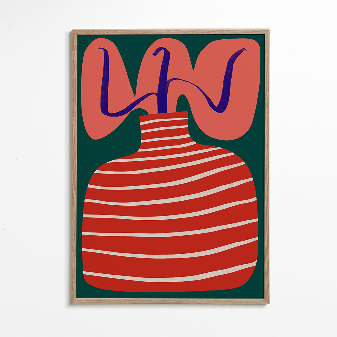 Botanische poster met gestreepte rode vaas