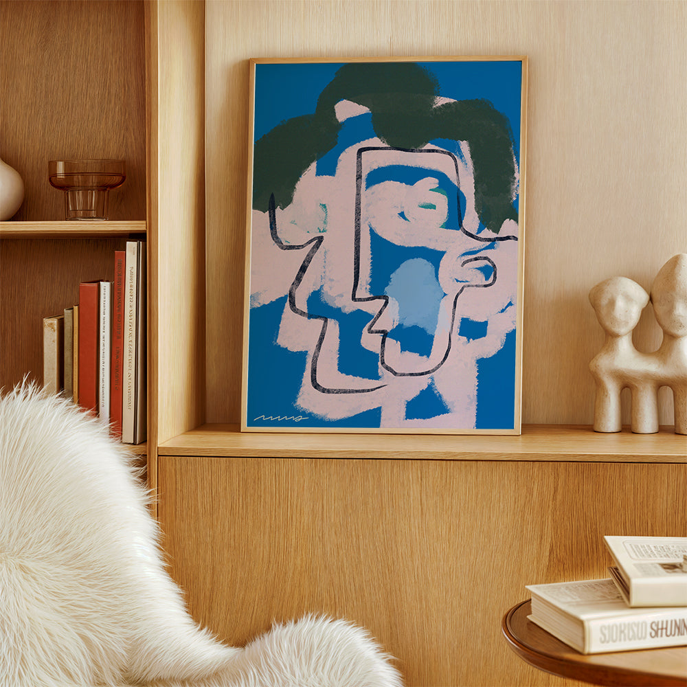 Abstract kunst gezicht blauw en roze
