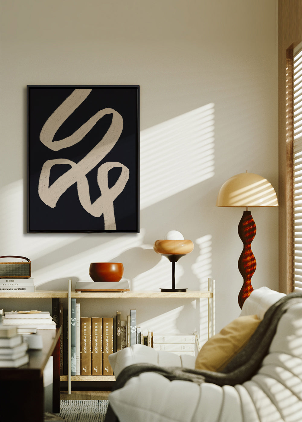 Abstracte kunst met beige streep op donkere achtergrond