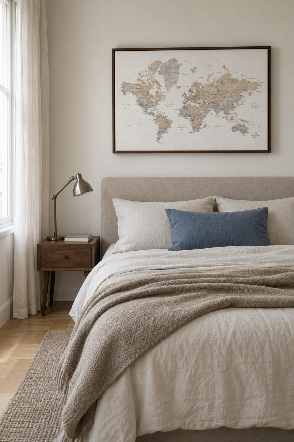 Detailed taupe watercolor world map with labels in Spanish, Abey - Framed canvas in an interior