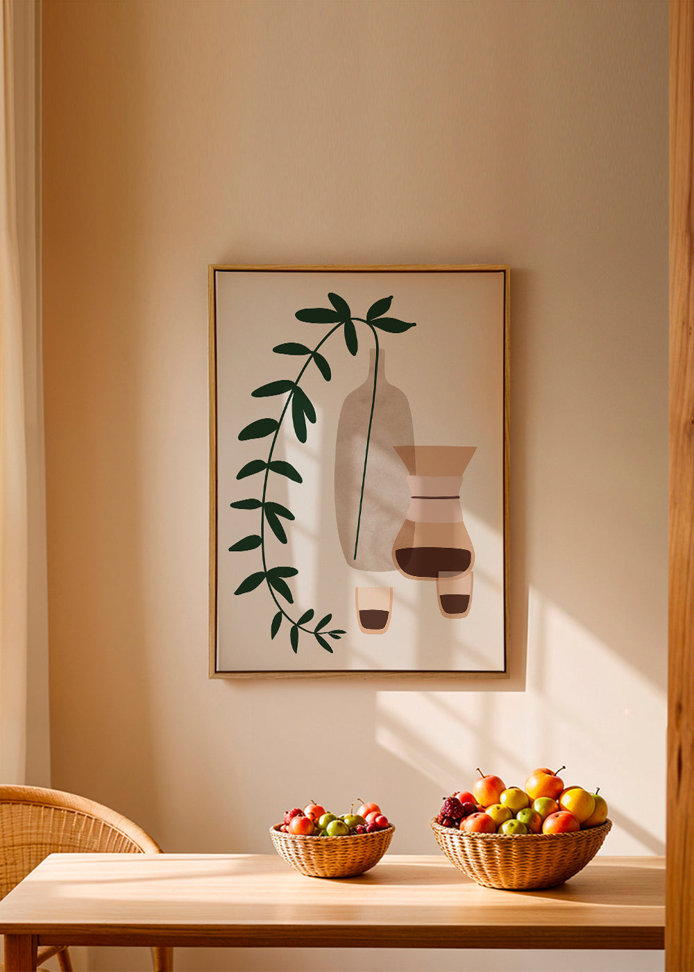Keuken kunst met koffiekan en botanische tak