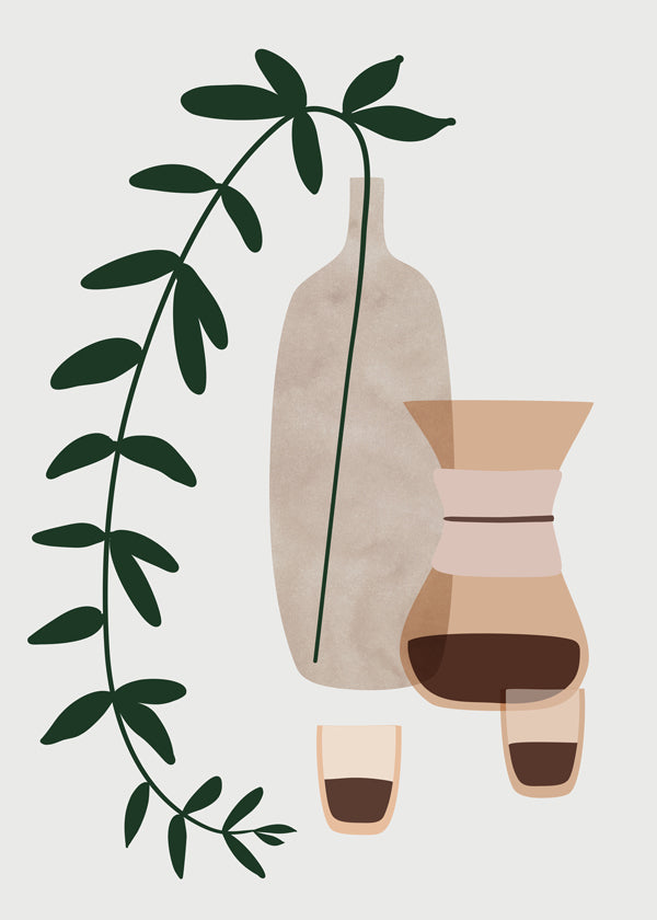 Keuken kunst met koffiekan en botanische tak