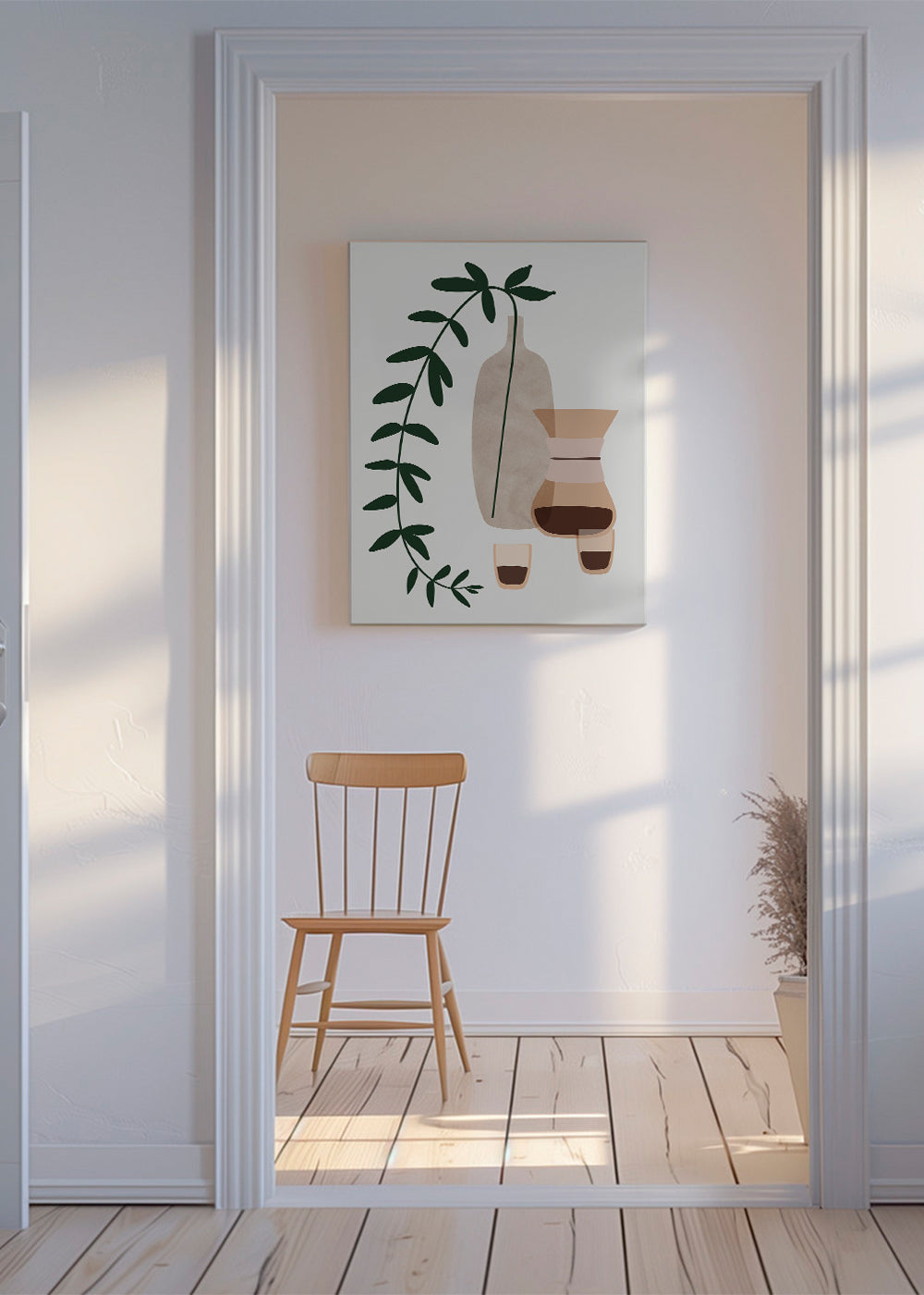 Keuken kunst met koffiekan en botanische tak