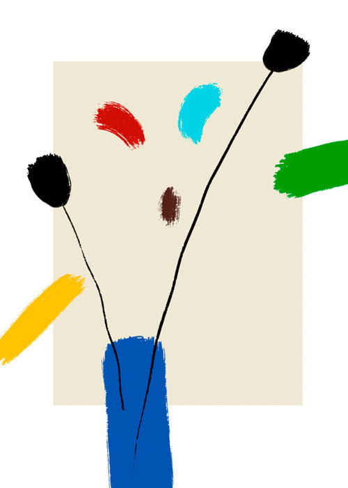 Botanische print: Vrolijke bloemen in blauwe vaas