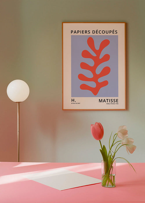 Botanische print Matisse-stijl: rood blad op blauw vlak