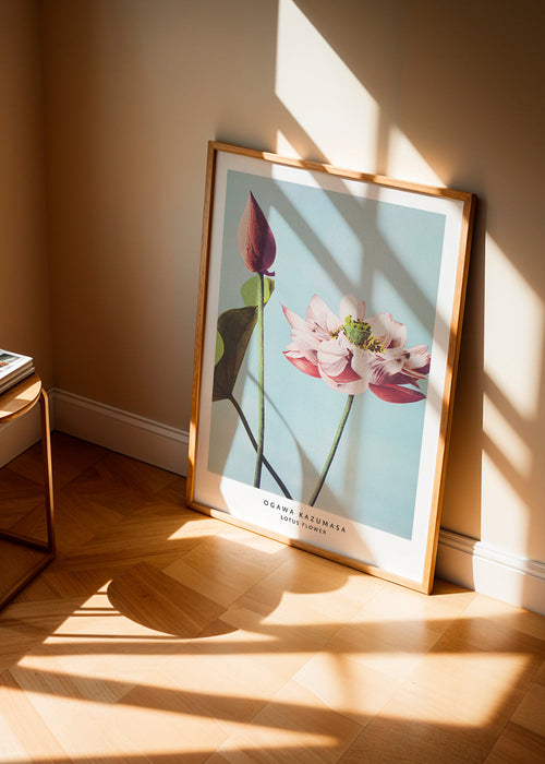 Botanische poster lotus bloem op blauwe achtergrond