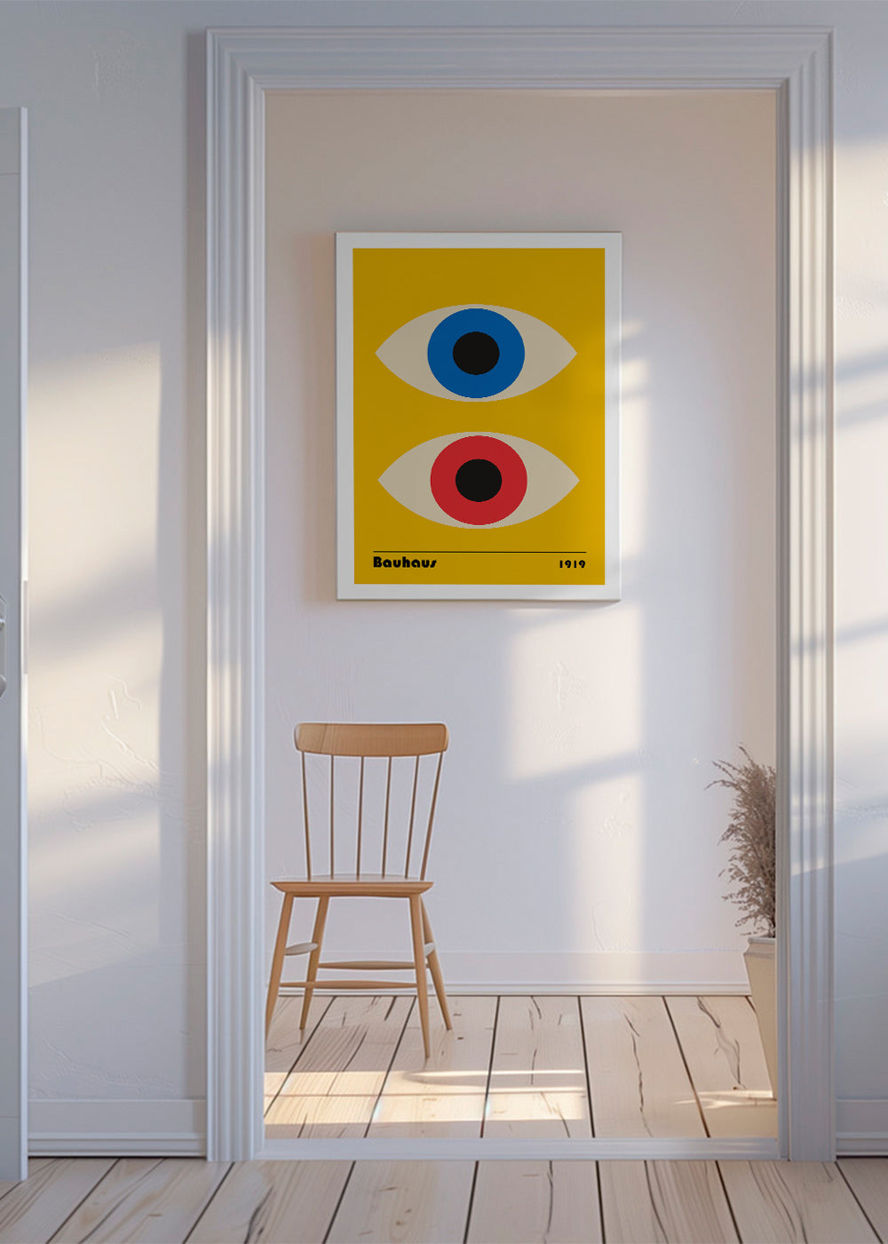 Geometrische poster Bauhaus met rode en blauwe ogen