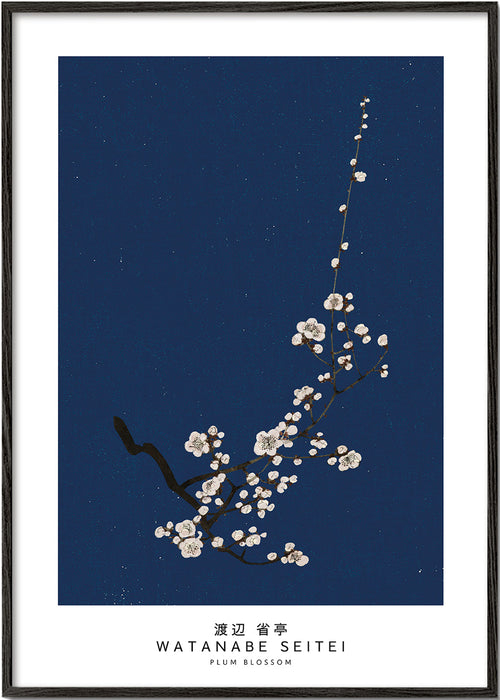 Botanische print: pruimenbloesem op diepblauw