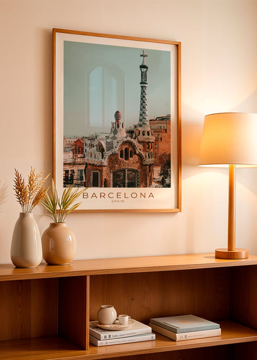 Reisposter Barcelona: modernistische gevel in close-up