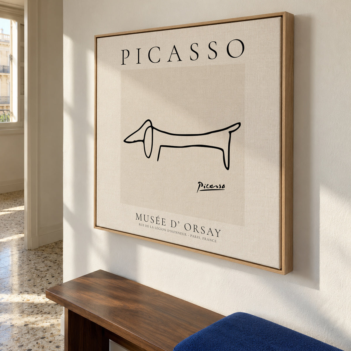 Pablo Picasso Animals Drawing Dog II - Framed canvas in an interior