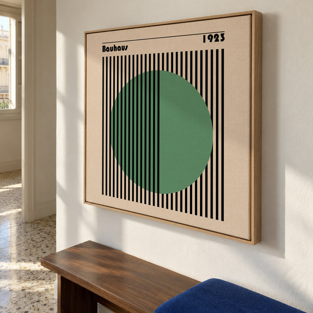 Bauhaus Green Circle II - Framed canvas in an interior